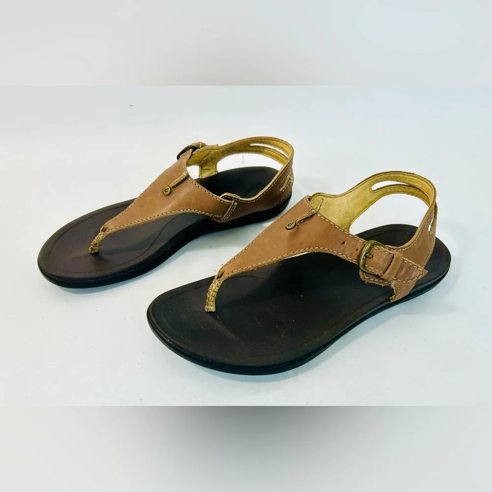 OluKai 'Eheu Thong Sandal in Kona Coffee Brown Leather size 6 - Picture 4 of 9